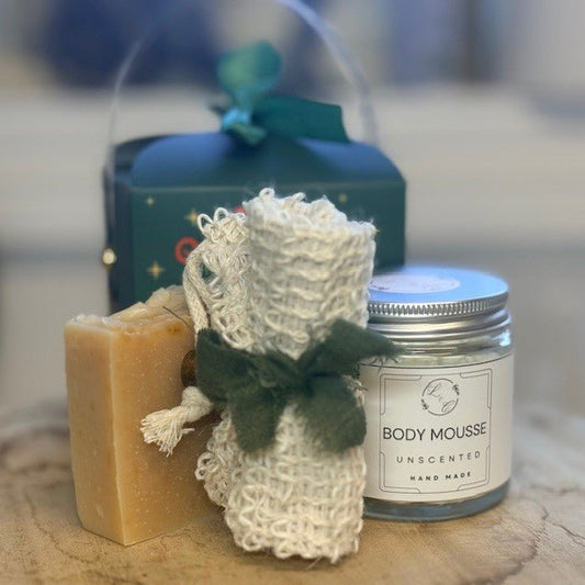 The Gentle Holiday Gift Set - Unscented Body Mousse & Milk + Honey Soap - Lewina Homestead