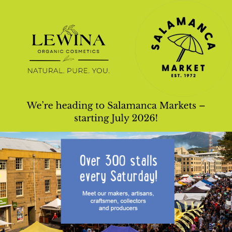 Advertisement for Lewina Organic Cosmetics at Salamanca Market with text and images of market stalls.