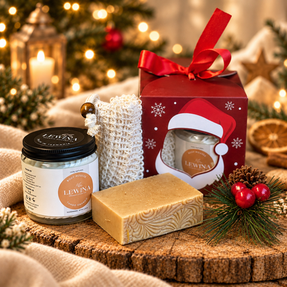 Gift Box on a wooden platter, Christmas lights and decorations all around. Tasmanian handmade soap and skincare.