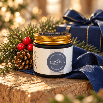 Frangipani Blue Enzyme Renewal jar siting on wooden stool with Christmas decorations