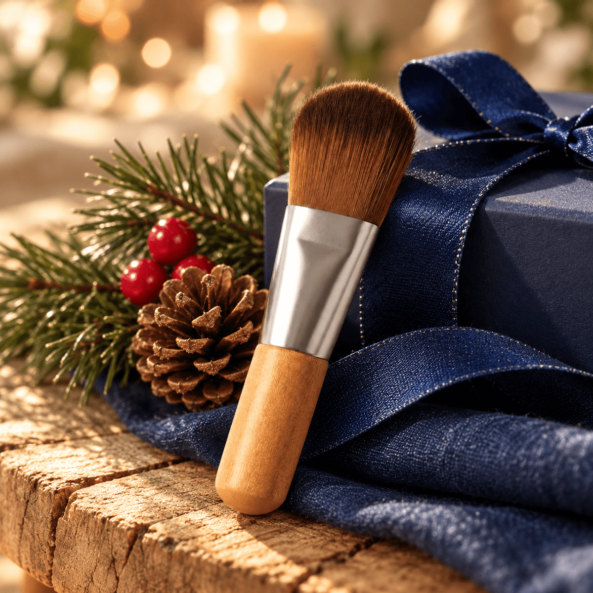 Mini Mask Brush siting on wooden stool with Christmas decorations