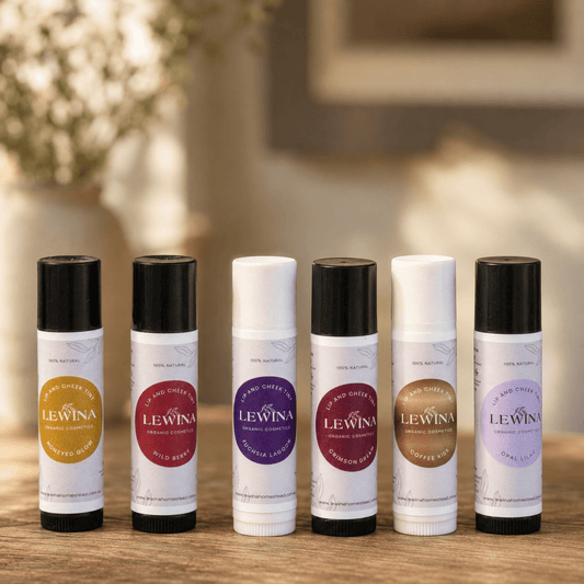 Six Lewina natural Lip and Cheek Tint sticks in assorted shades, handmade in Tasmania