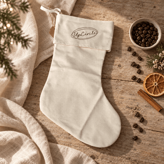 Resusable Christmas stocking on bench with coffee